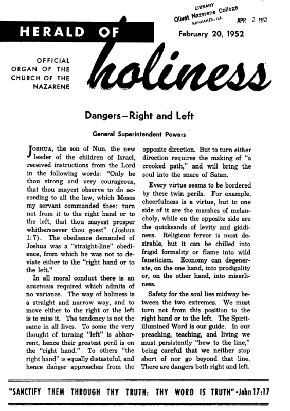 Title Page of Herald of Holiness - February 20, 1952