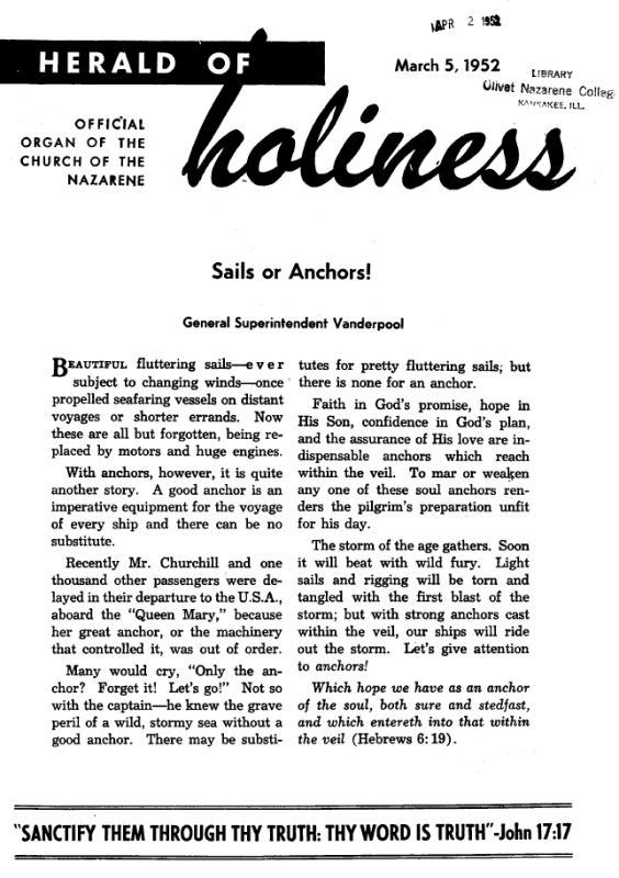 Title Page of Herald of Holiness - March 5, 1952