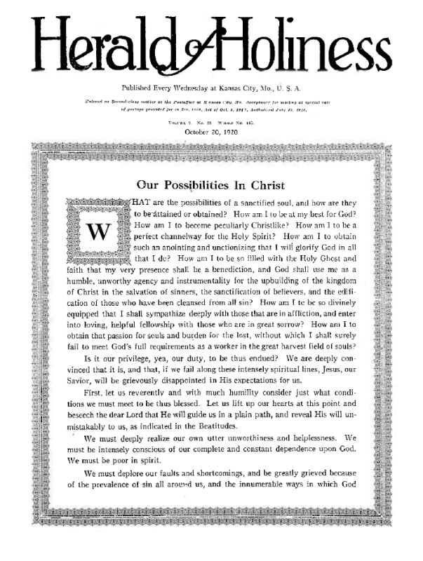 Title Page of Herald of Holiness - October 20, 1920