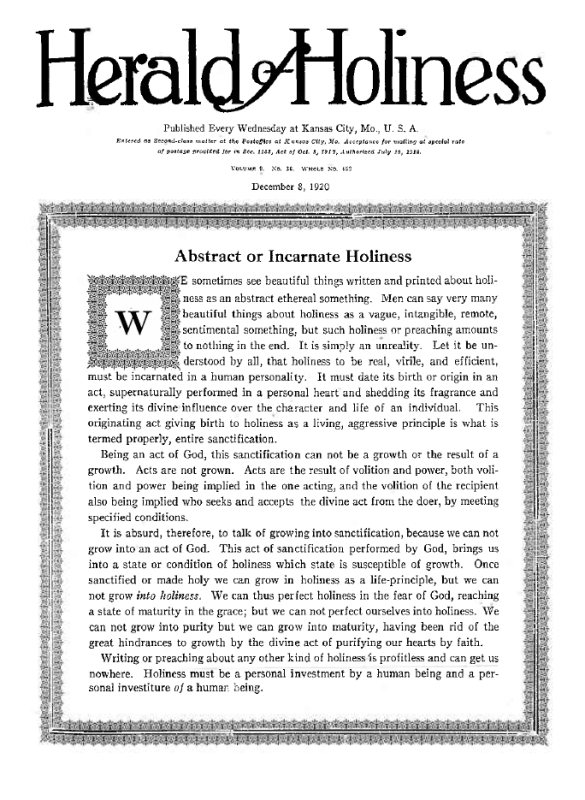 Title Page of Herald of Holiness - December 8, 1920