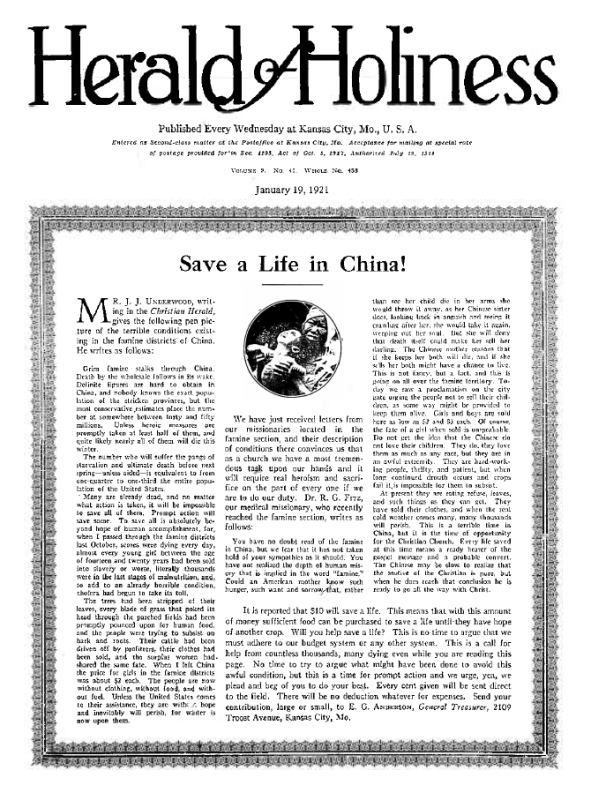 Title Page of Herald of Holiness - January 19, 1921