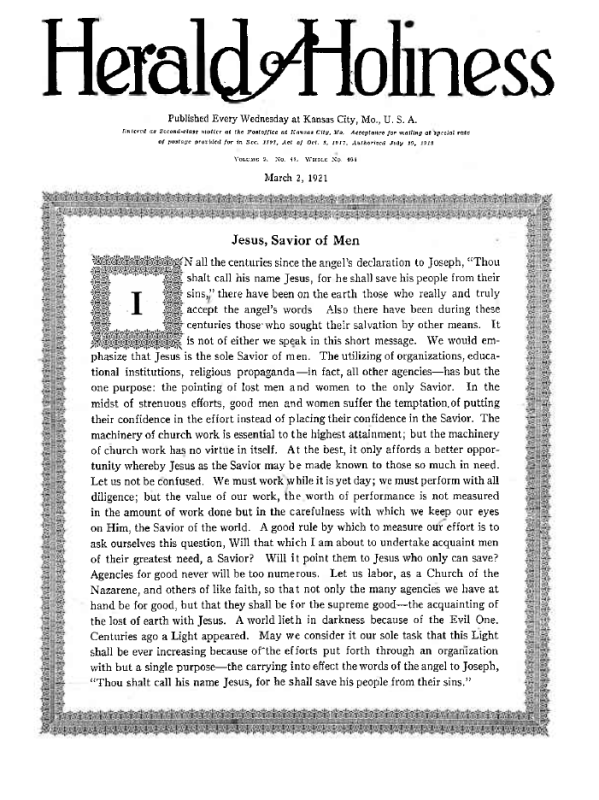 Title Page of Herald of Holiness - March 2, 1921