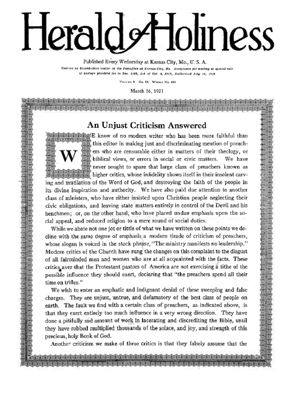 Title Page of Herald of Holiness - March 16, 1921