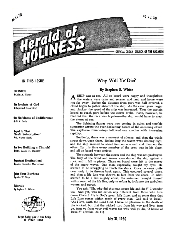 Cover page of Herald of Holiness - July 31, 1950