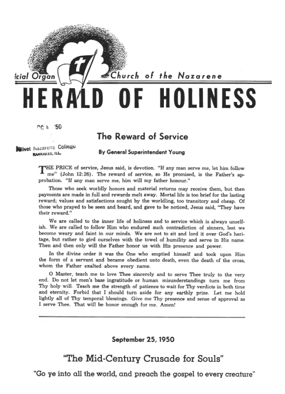 Cover page of Herald of Holiness - September 25, 1950