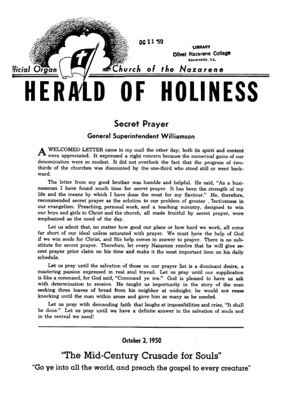 Cover page of Herald of Holiness - October 2, 1950