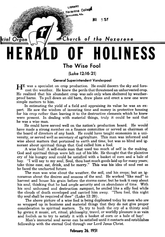 Title Page of Herald of Holiness - February 26, 1951