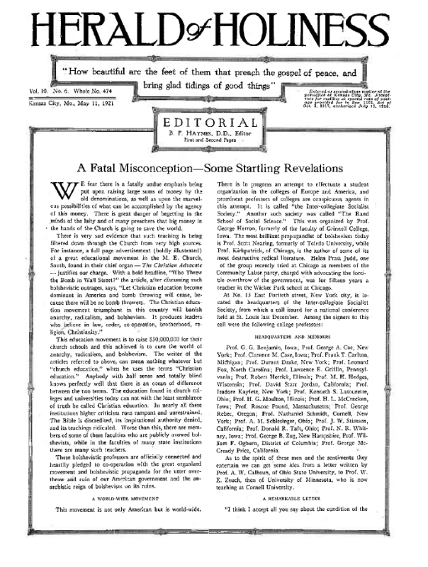 Title Page of Herald of Holiness - May 11, 1921