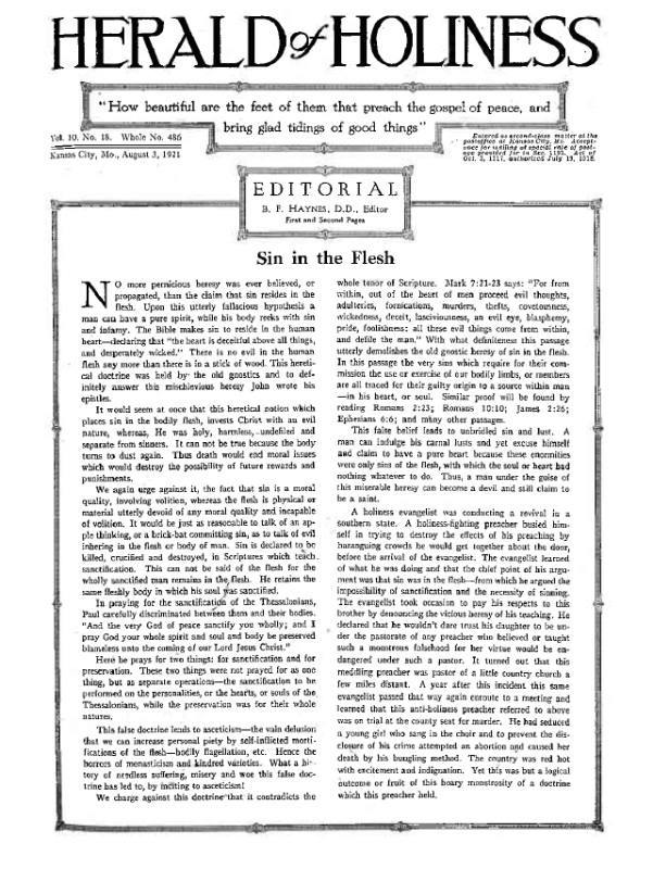 Title Page of Herald of Holiness - August 3, 1921