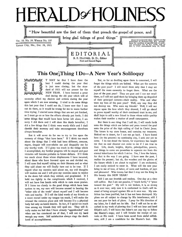 Front page of Herald of Holiness - December 28, 1921