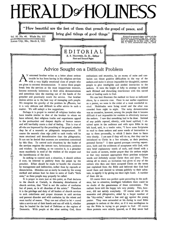 Front page of Herald of Holiness - March 8, 1922