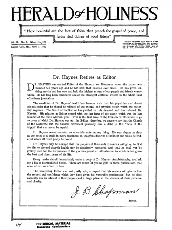 Front page of Herald of Holiness - April 5, 1922