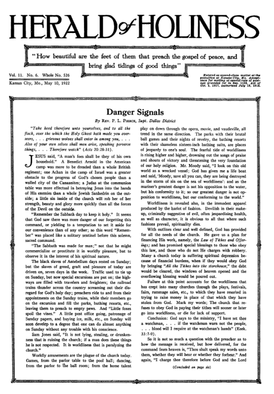 Front page of Herald of Holiness - May 10, 1922