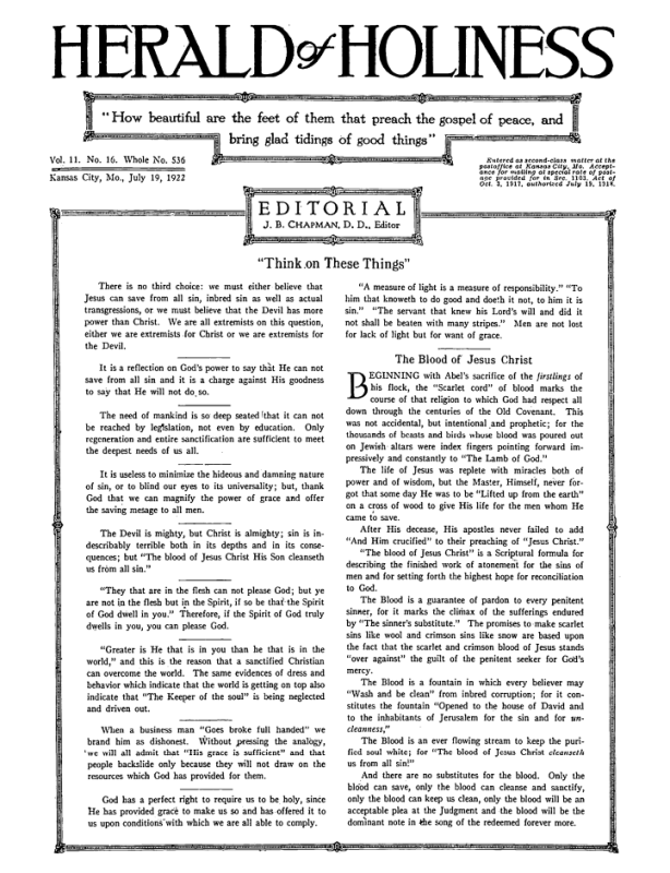 Front page of Herald of Holiness - July 19, 1922