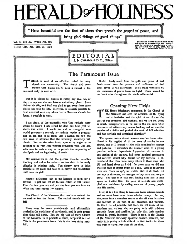 Front page of Herald of Holiness - October 25, 1922