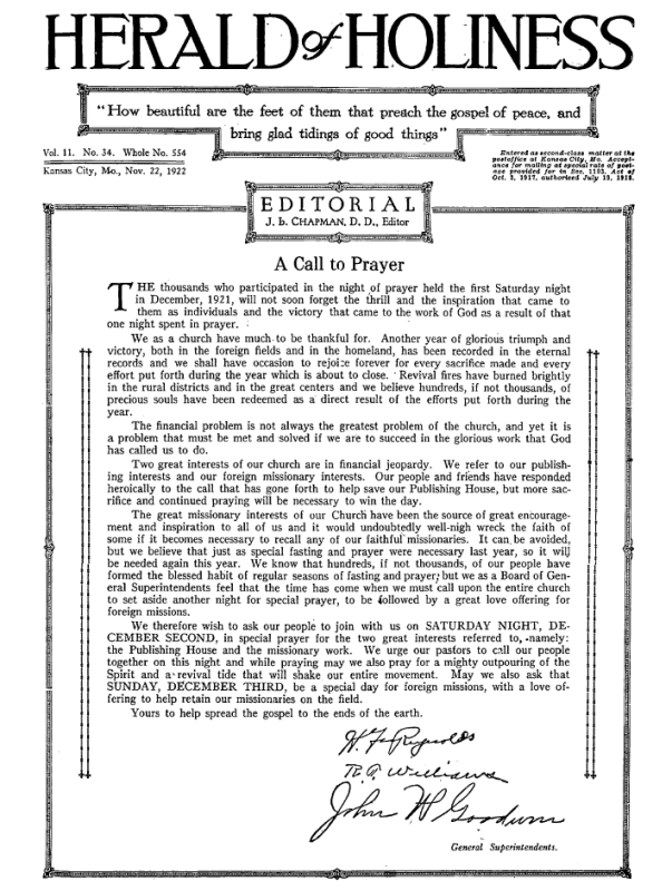 Front page of Herald of Holiness - November 22, 1922