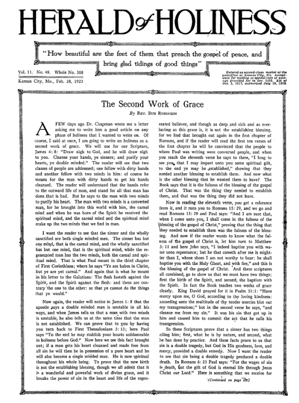 Front page of Herald of Holiness - February 28, 1923