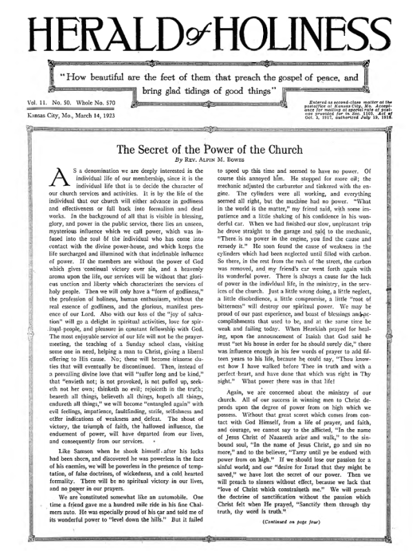 Front page of Herald of Holiness - March 14, 1923