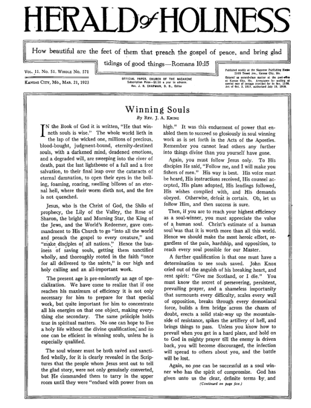 Front page of Herald of Holiness - March 21, 1923