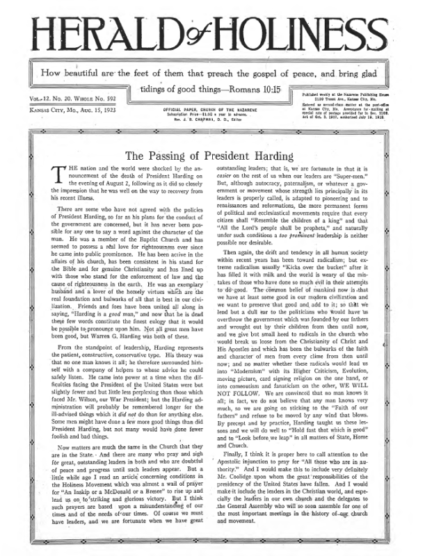 Front page of Herald of Holiness - August 15, 1923