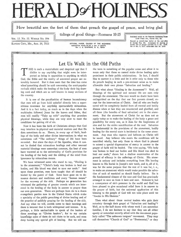Front page of Herald of Holiness - August 29, 1923