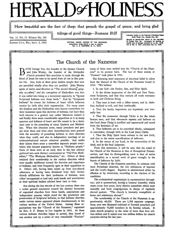 Front page of Herald of Holiness - September 5, 1923