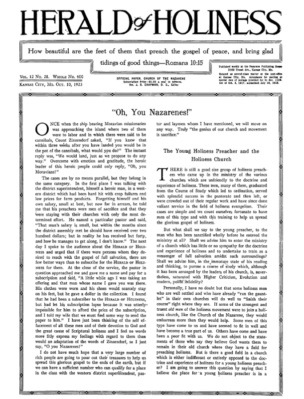 Front page of Herald of Holiness - October 10, 1923
