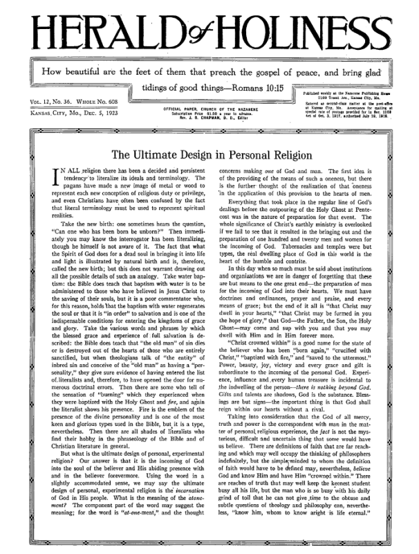 Front page of Herald of Holiness - December 5, 1923