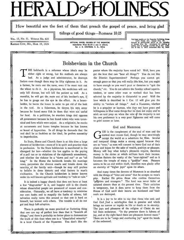 Front page of Herald of Holiness - March 19, 1924