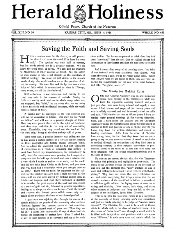 Front page of Herald of Holiness - June 4, 1924
