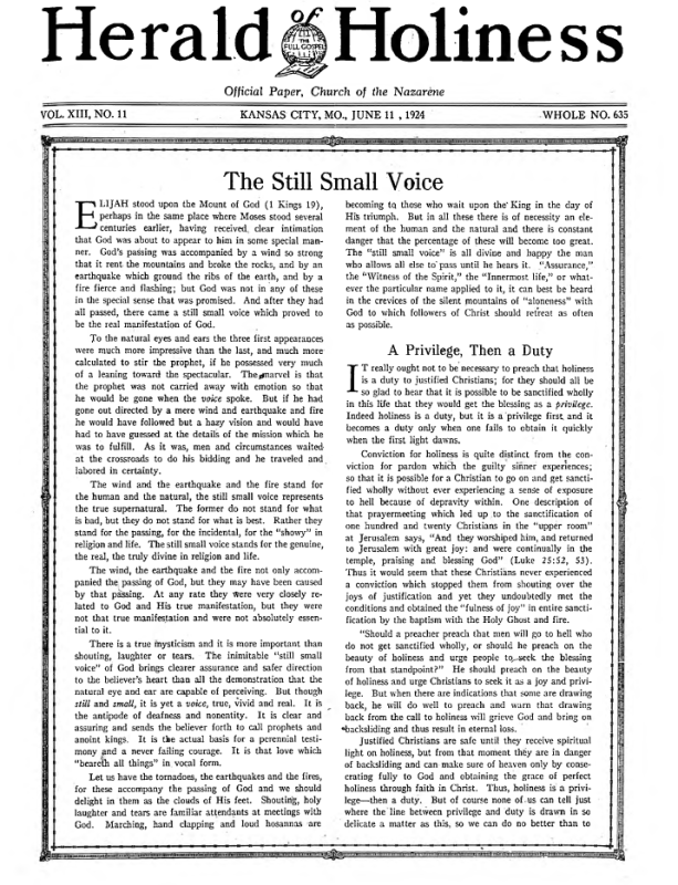 Front page of Herald of Holiness - June 11, 1924