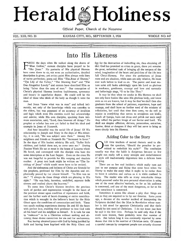 Front page of Herald of Holiness - September 3, 1924