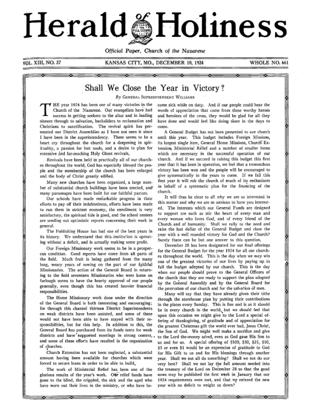 Front page of Herald of Holiness - December 10, 1924