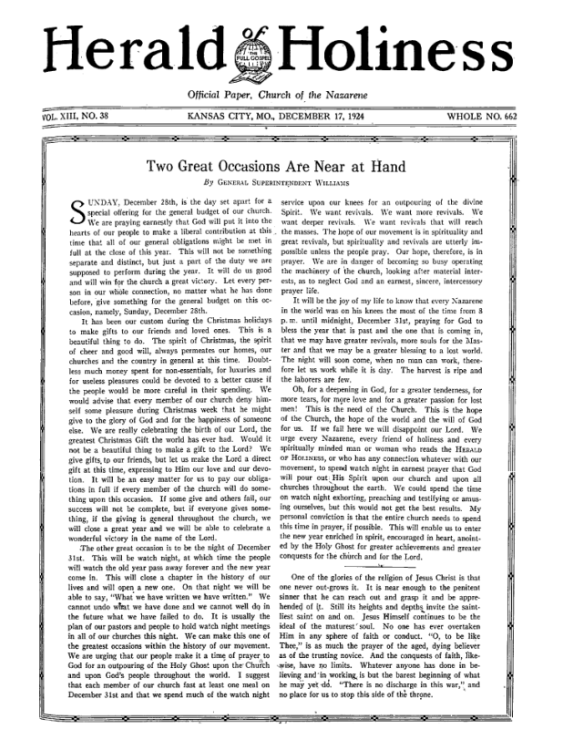 Front page of Herald of Holiness - December 17, 1924