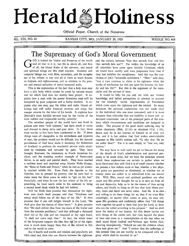 Front page of Herald of Holiness - January 28, 1925