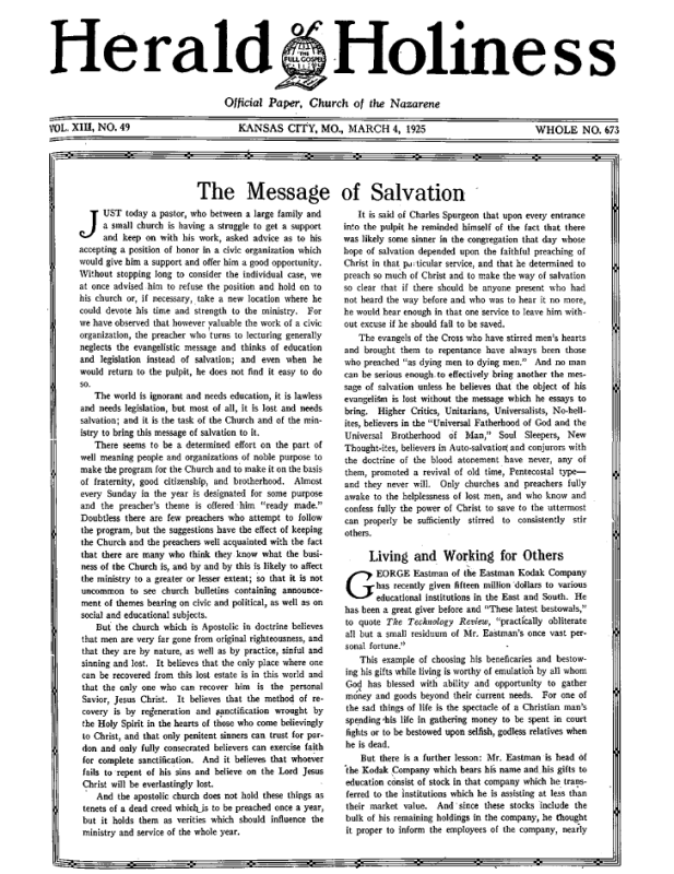 Front page of Herald of Holiness - March 4, 1925