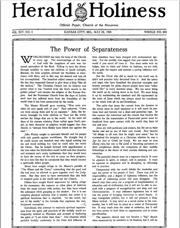 Front page of Herald of Holiness - May 20, 1925