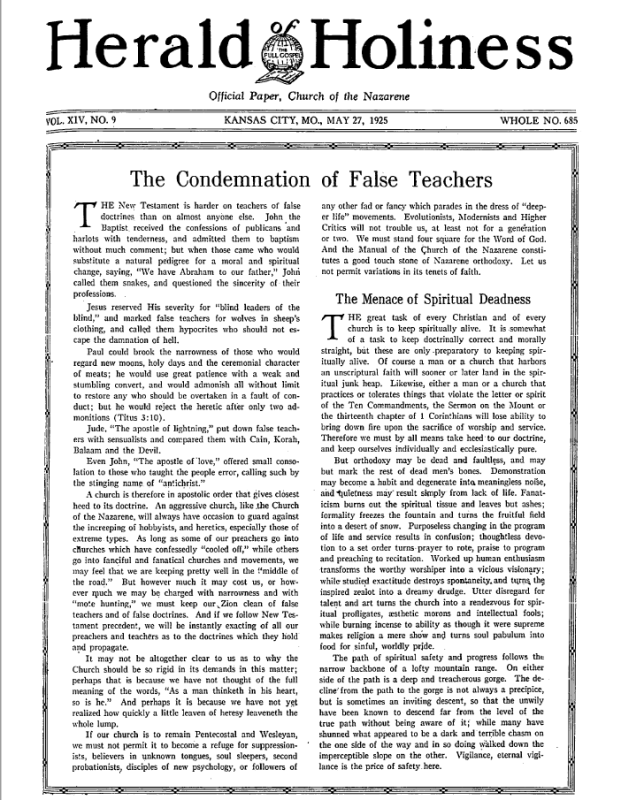 Front page of Herald of Holiness - May 27, 1925