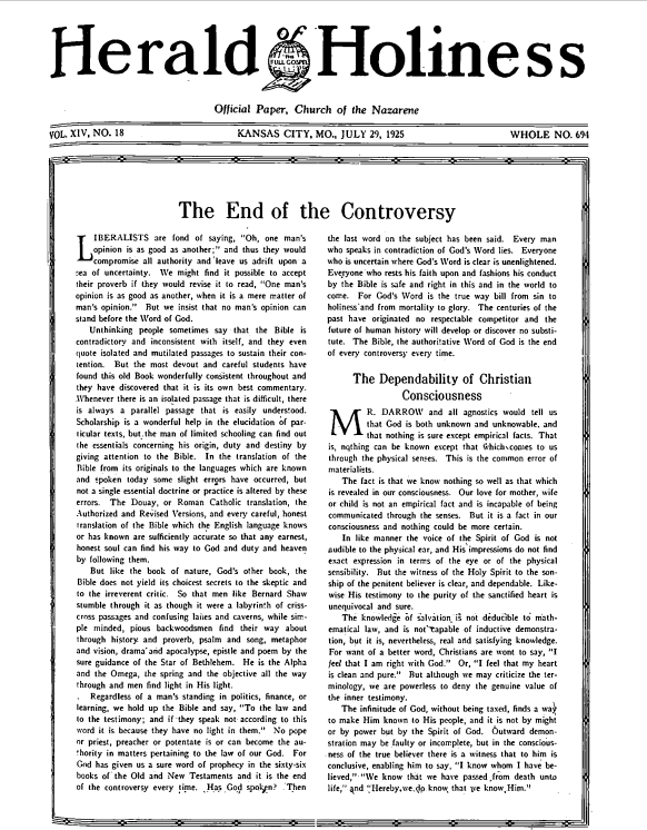 Front page of Herald of Holiness - July 29, 1925