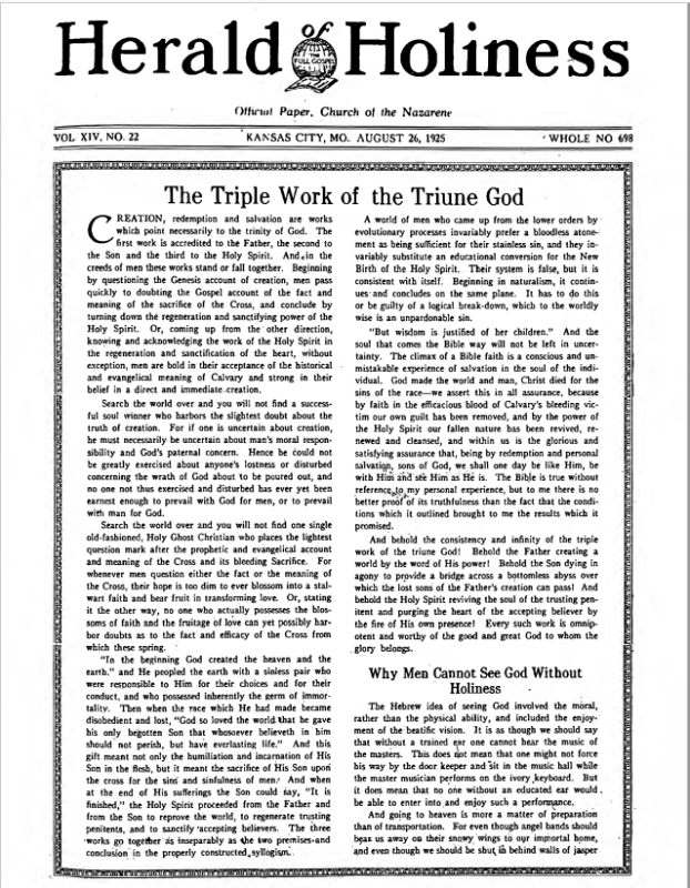 Front page of Herald of Holiness - August 26, 1925