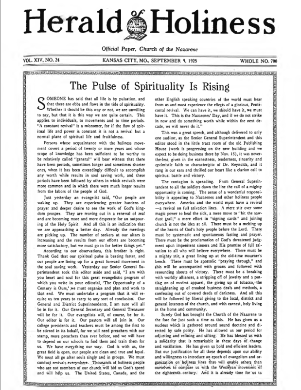 Front page of Herald of Holiness - September 9, 1925
