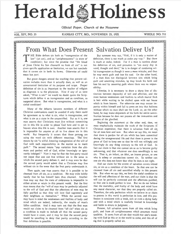 Front page of Herald of Holiness - November 25, 1925