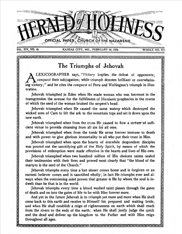 Front page of Herald of Holiness - February 10, 1926