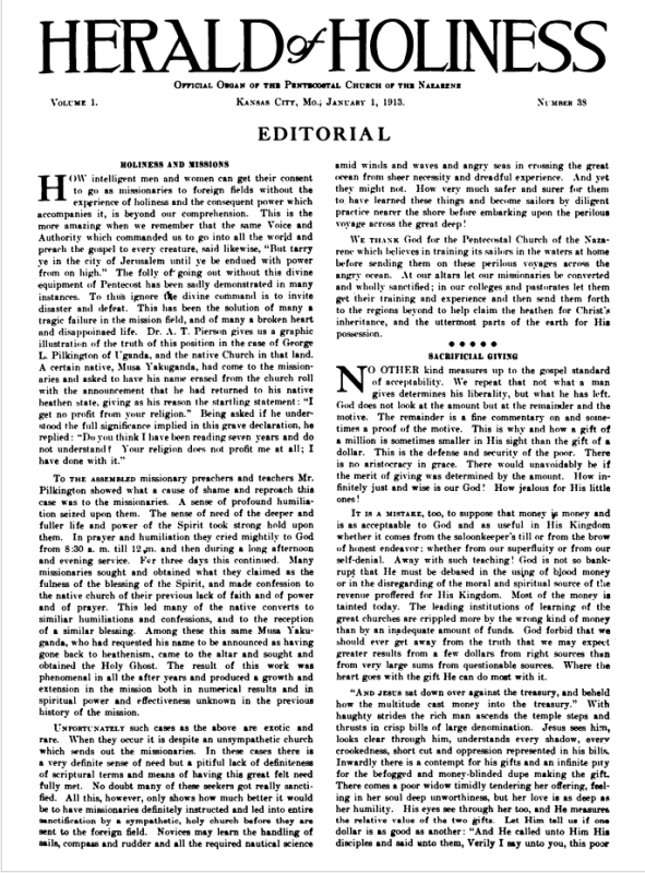 Front page of Herald of Holiness - January 1, 1913