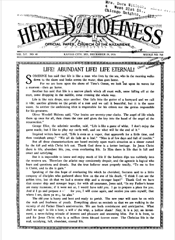 Front page of Herald of Holiness - December 29, 1926