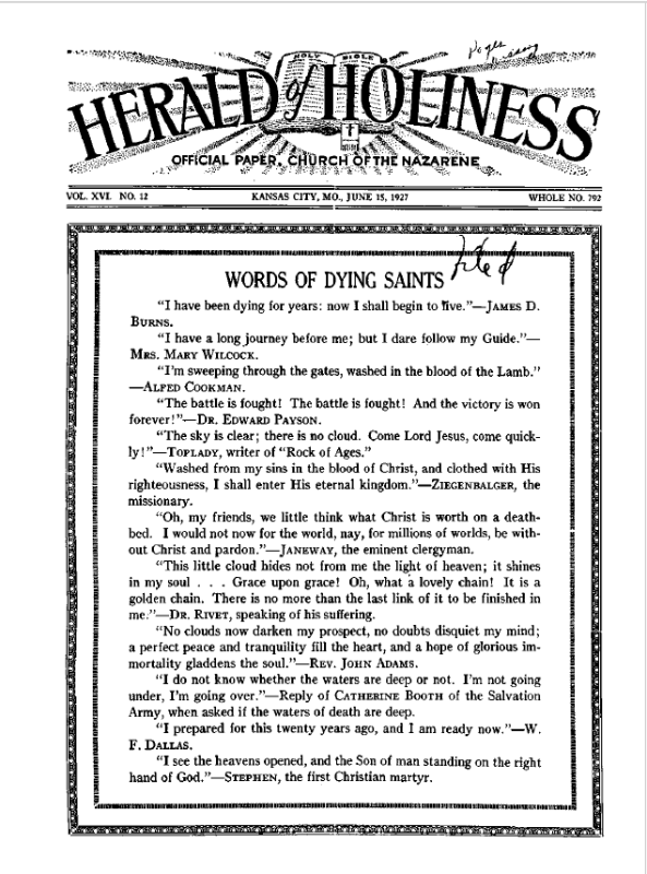 Front page of Herald of Holiness - June 15, 1927