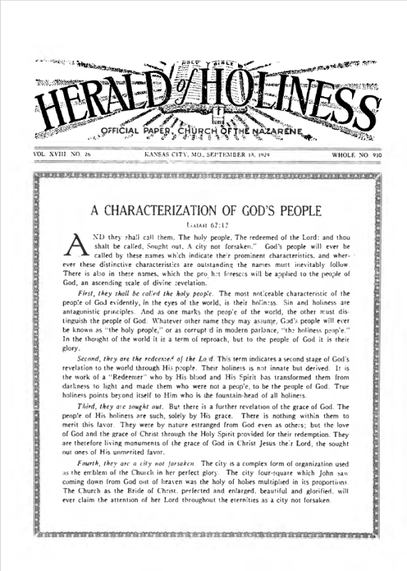 Front page of Herald of Holiness - September 18, 1929