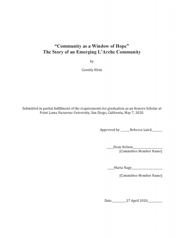 “Community as a Window of Hope”The Story of an Emerging L’Arche Community